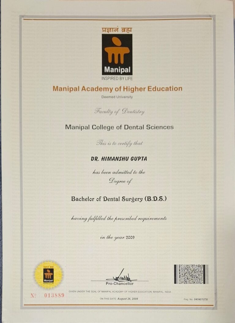 Dr. Himanshu Gupta BDS Certificate