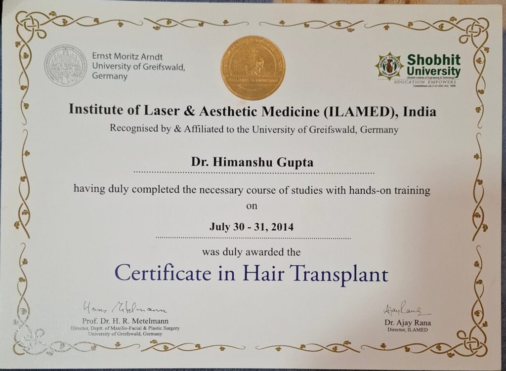 Dr. Himanshu Gupta is Certified Hair Transplant Surgeon